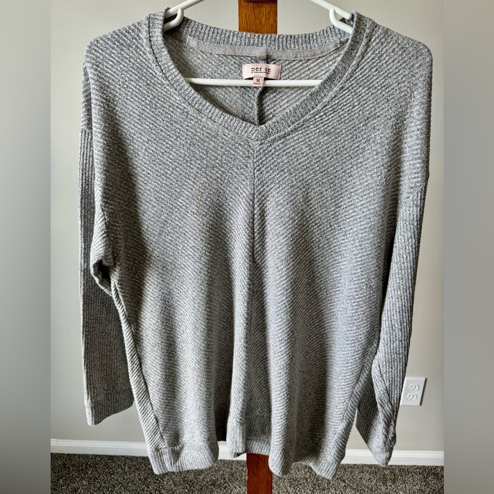 Per Se Women’s Light Gray V-Neck Ribbed Knit Sweater Medium - Picture 3 of 7